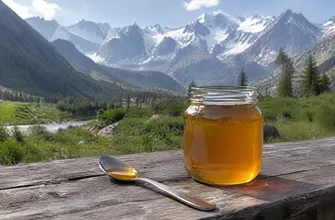 Банка жидкого янтарного меда и ложка на деревянной скамье на фоне заснеженных гор