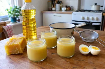 Баночки с домашней желтой мазью из воска, масла и желтка, кусок пчелиного воска, бутылка подсолнечного масла и сваренное вкрутую яйцо на кухонном столе