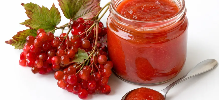 Банка протертой калины с медом, ложка пюре и гроздь красной калины