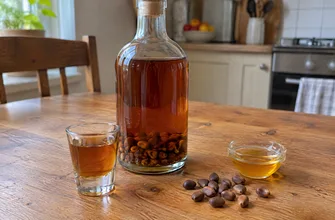 Бутылка и рюмка домашней настойки на кедровых орешках, рядом орехи в скорлупе и мед