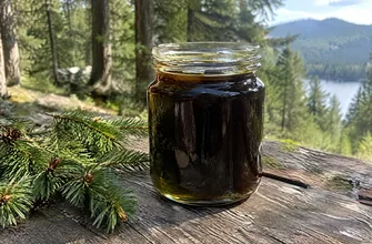 Банка очень темного, почти черного падевого меда на деревянном столе в хвойном лесу