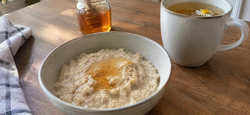 Тарелка овсяной каши с медом и чашка ромашкового чая на столе