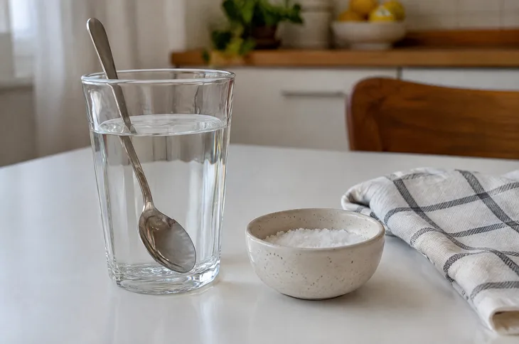 Стакан теплой воды с ложкой и пиала с солью для полоскания горла