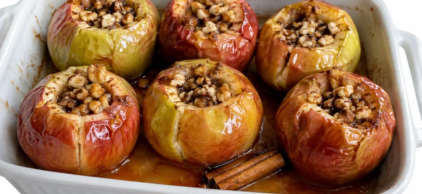 Целые яблоки, запеченные с медом и грецкими орехами, в керамической форме